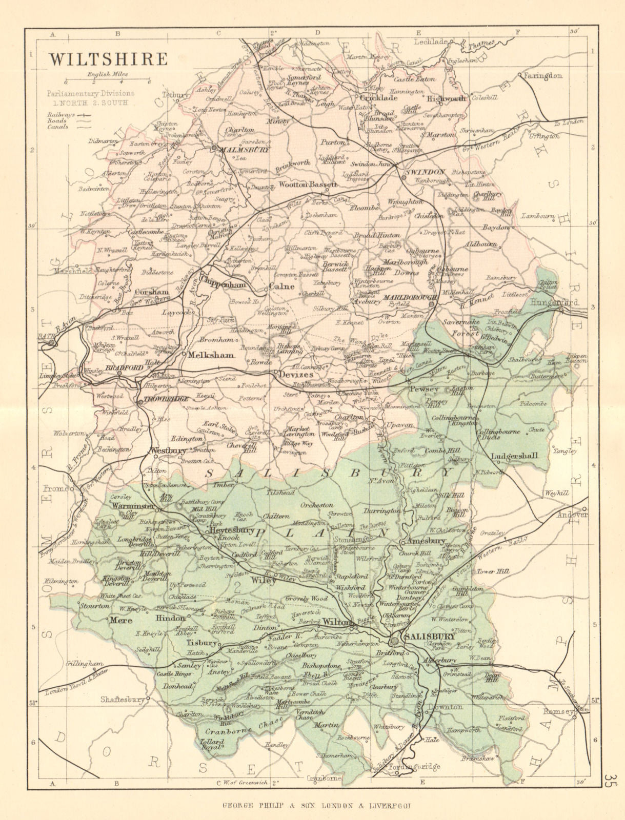 WILTSHIRE. Antique county map. Railways roads canals constituencies. PHILIP 1884